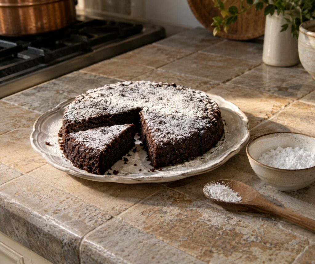 Beside a sugar bowl, chocolate almond torta caprese slices on a tiled counter
