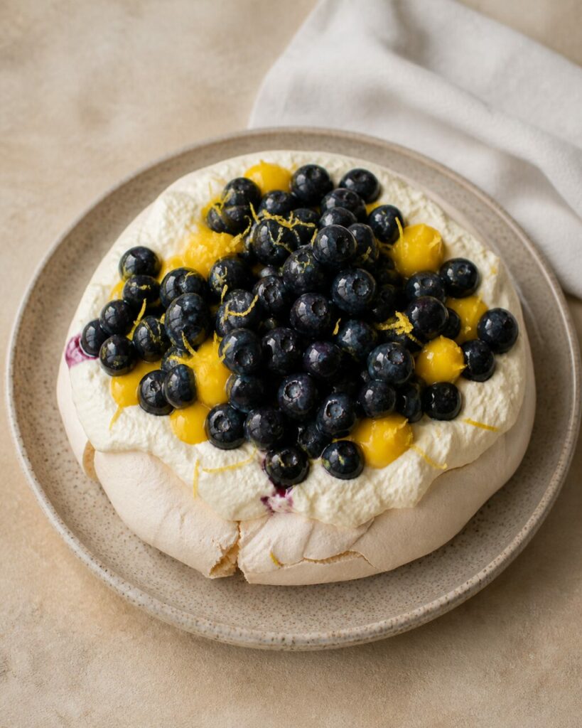 Uma camada de mirtilos brilhantes completa a pavlova de limão