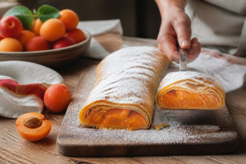 Albaricoque troceado rellena el Marillenstrudel abierto