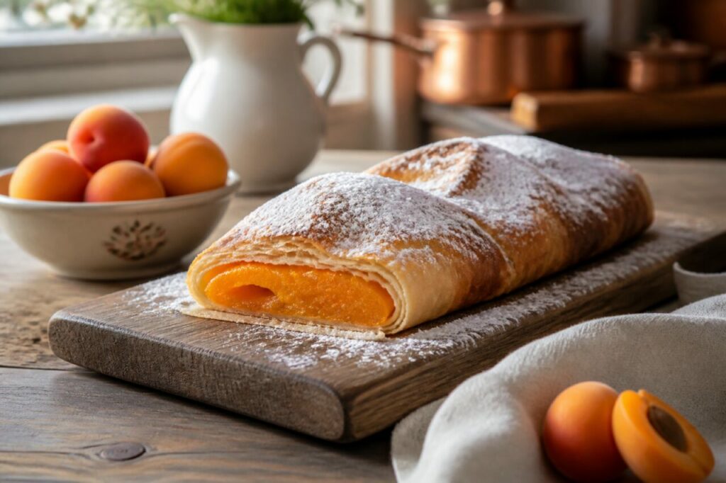 Albaricoques tiernos rellenan el Marillenstrudel cortado