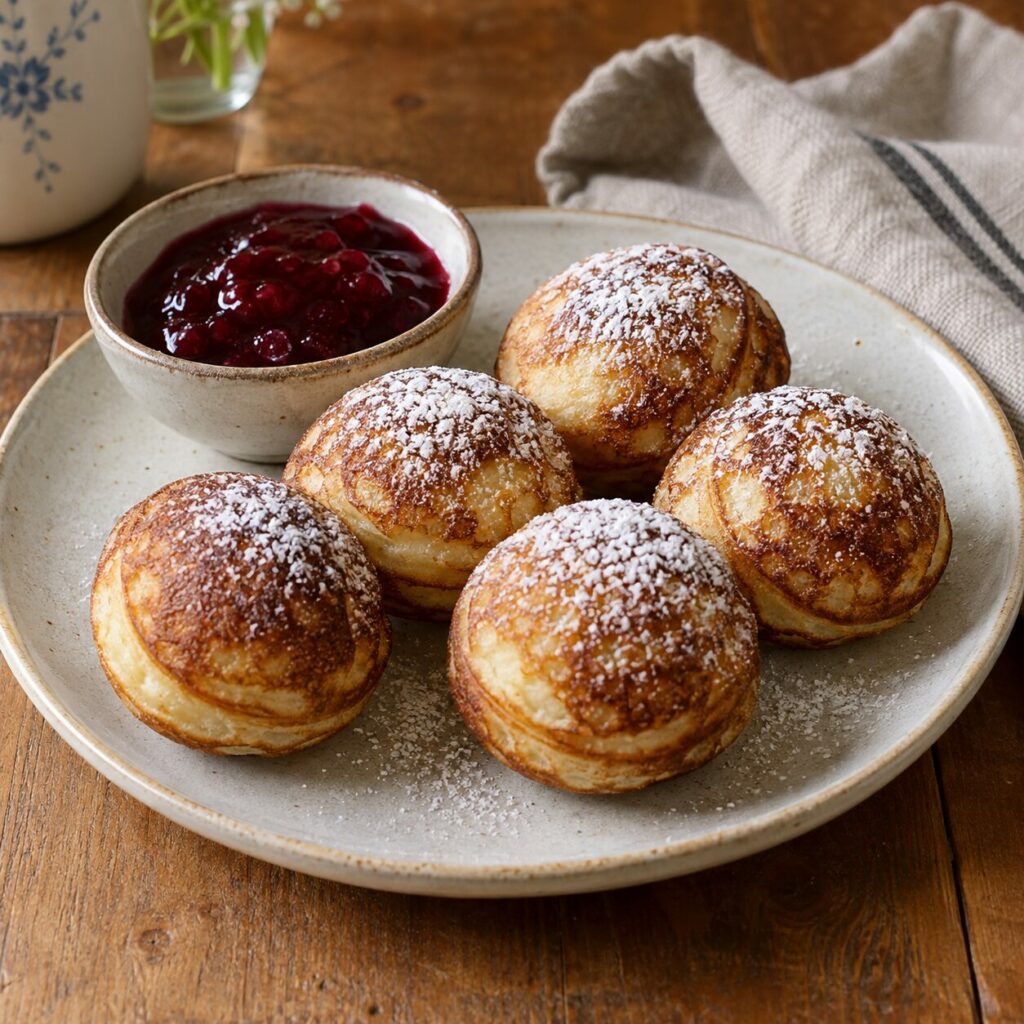 Powdered æbleskiver on a long pale platter over a wooden table