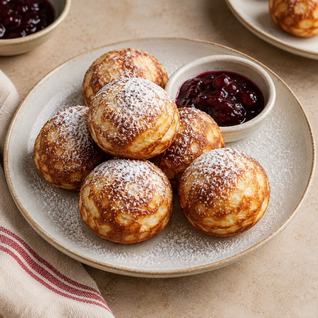 Golden Danish æbleskiver with powdered sugar and cherry preserve