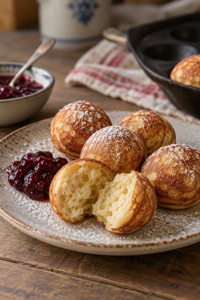 Opened æbleskiver revealing airy crumb beside cherry preserve