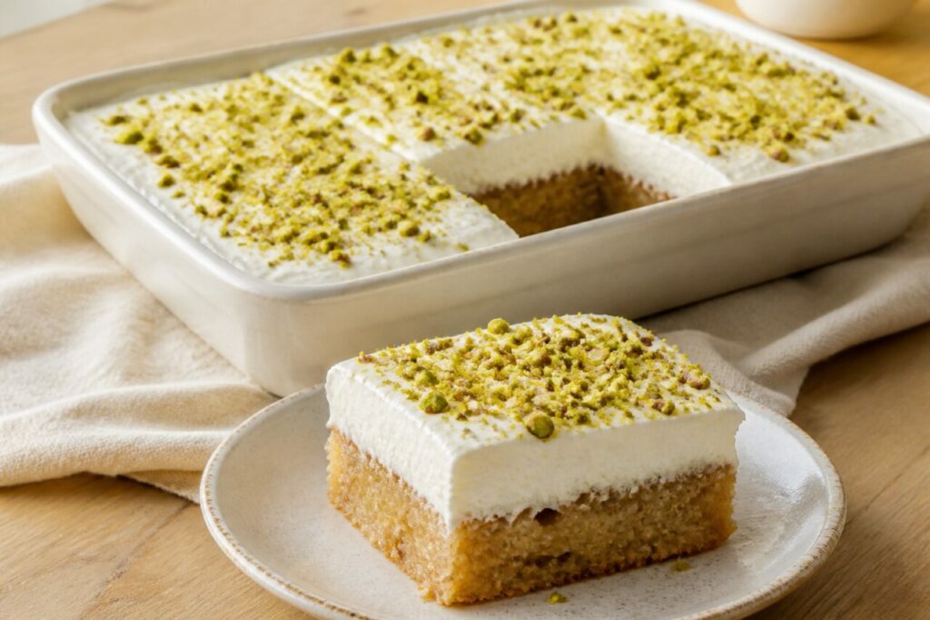 Aish el saraya libanais, pain imbibé et crème à la pistache en part