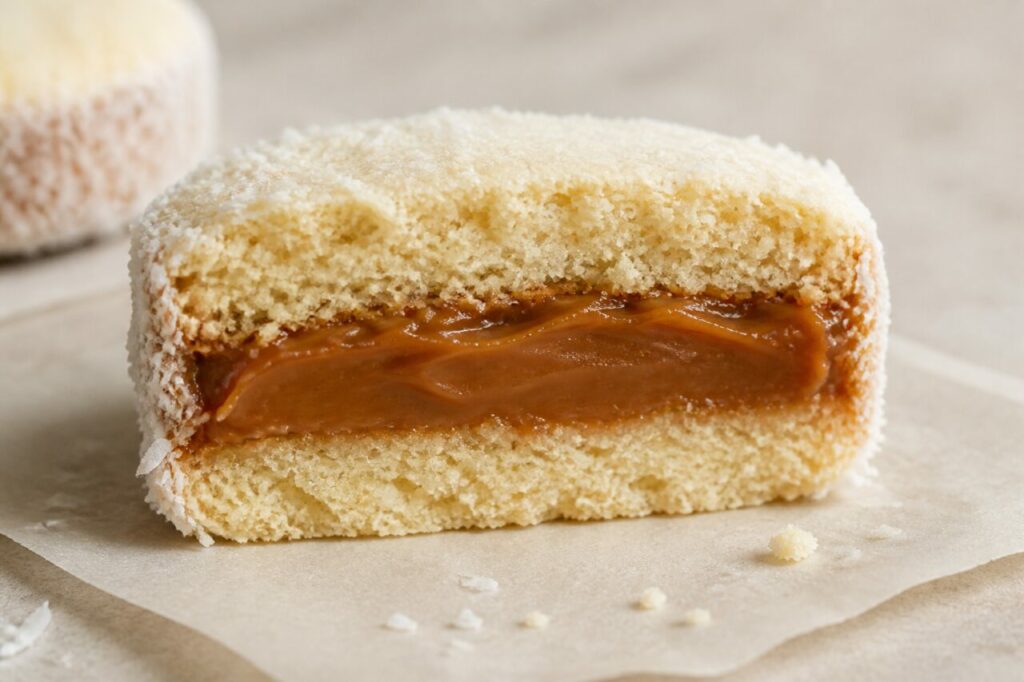 Alfajor de maïzena coupé montrant son cœur
