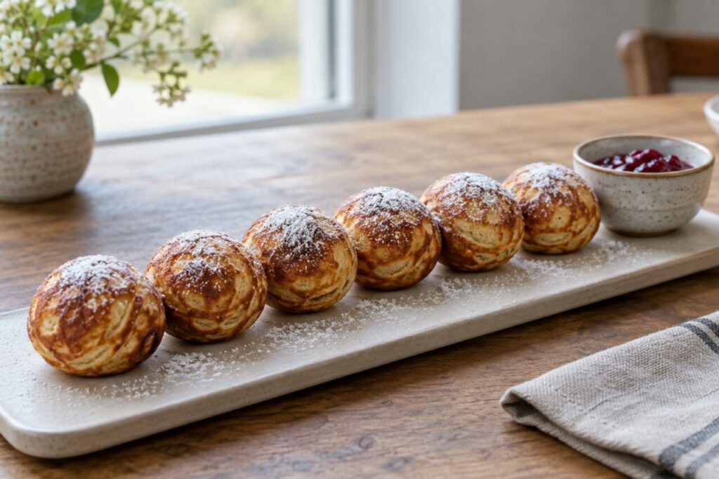 A neat row of powdered æbleskiver beside a bright window