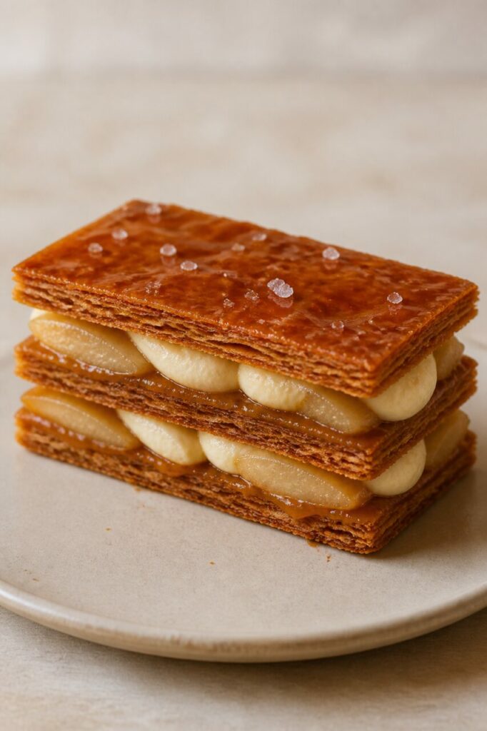Alternance généreuse de crème et de poire dans le mille-feuille