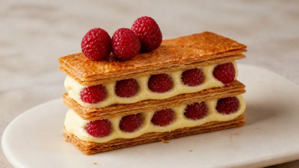 Alternance nette de pâte, crème et fruits dans le mille-feuille aux framboises