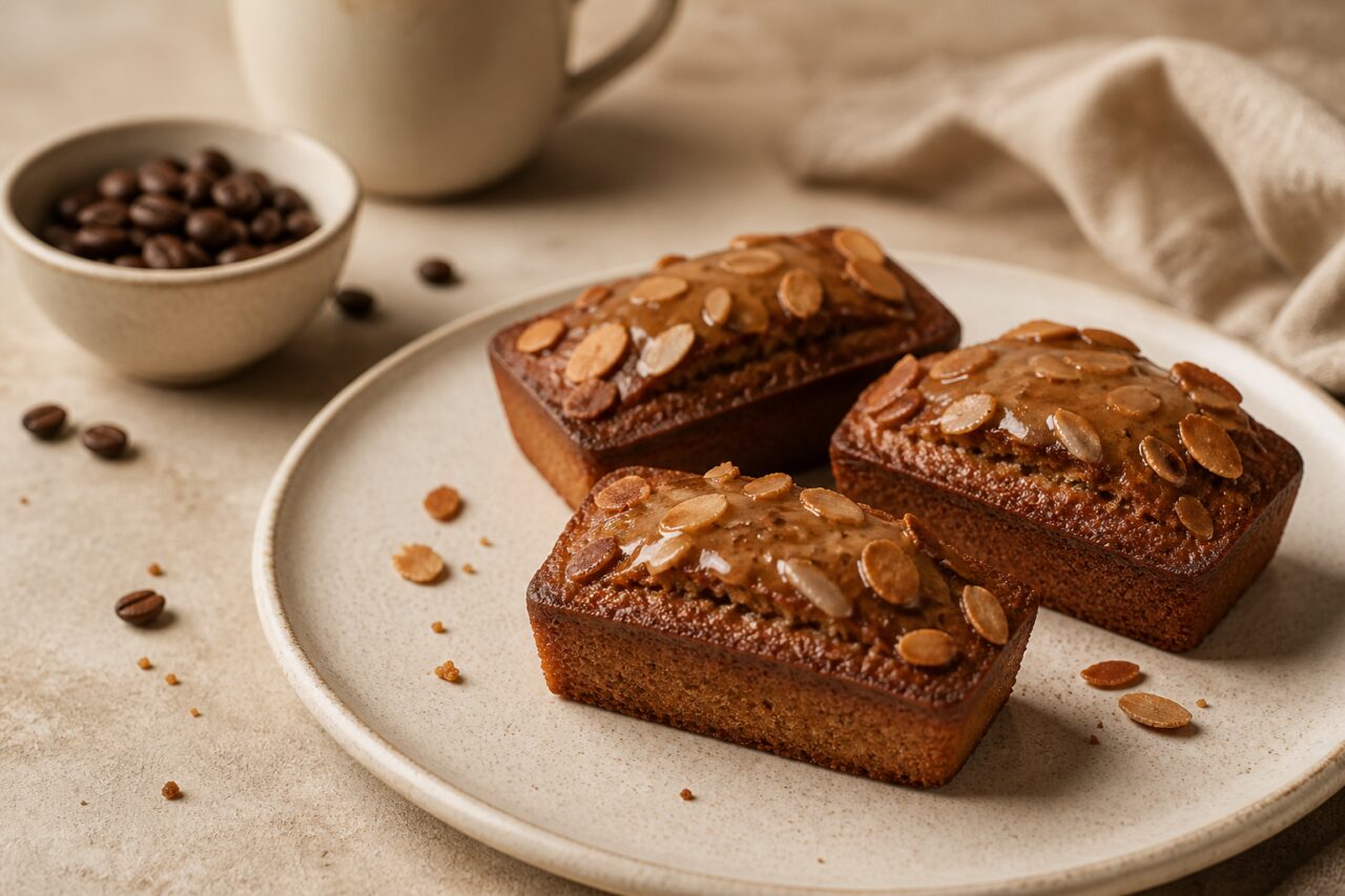 Mandorle tostate ricoprono tre financier al caffè ben dorati