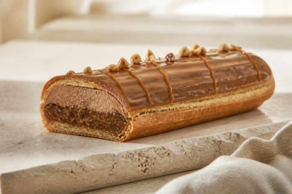 Éclair entier nappé de chocolat et de filets de caramel