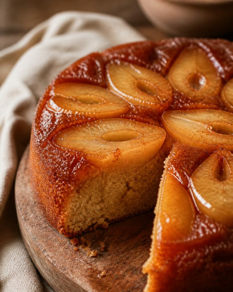 La part retirée dévoile la mie épicée du gâteau aux poires