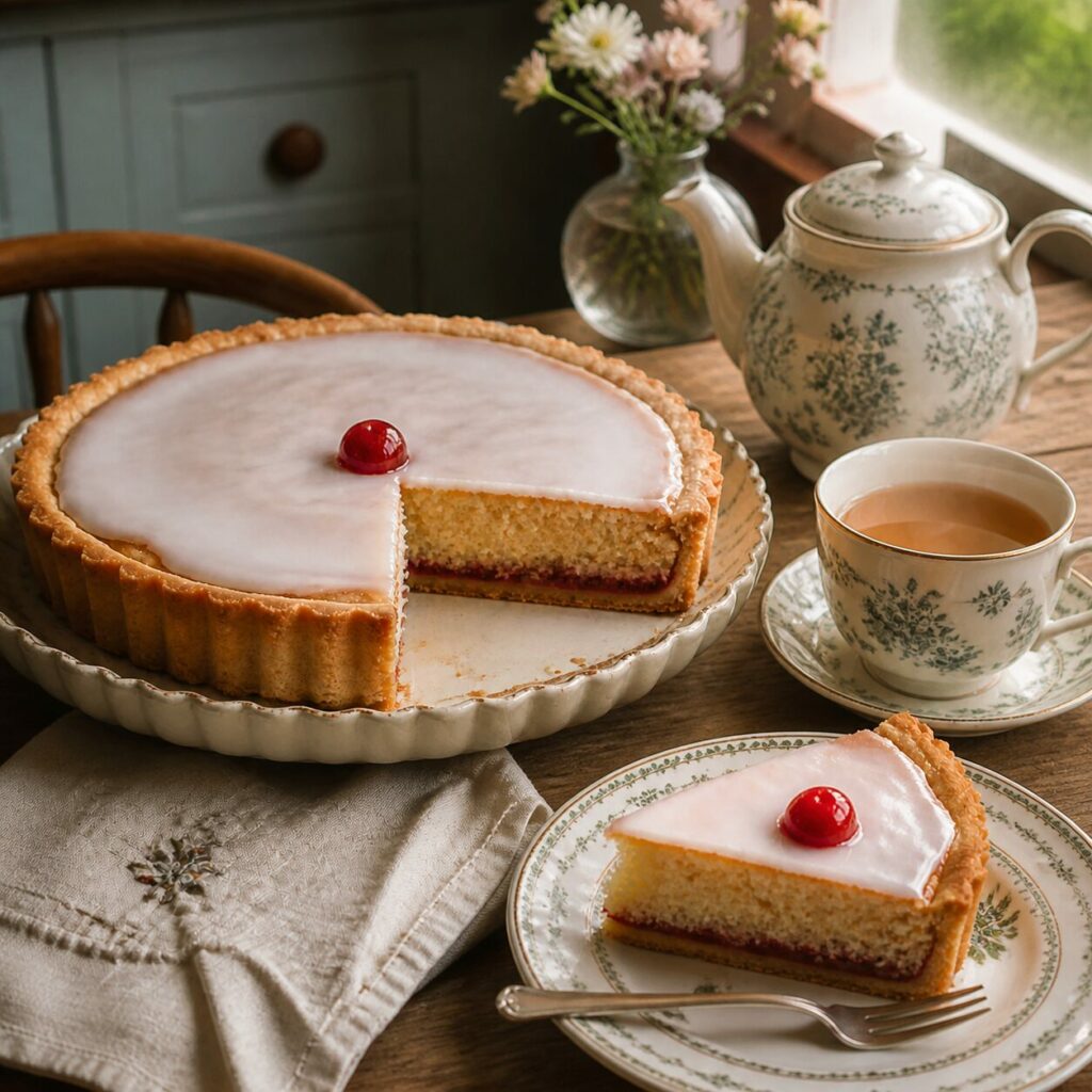 Confiture visible dans la tarte Bakewell entamée
