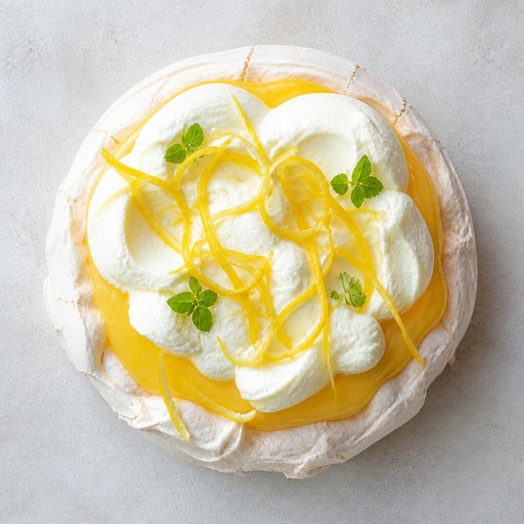 Anel de creme de limão rodeado por pétalas na pavlova