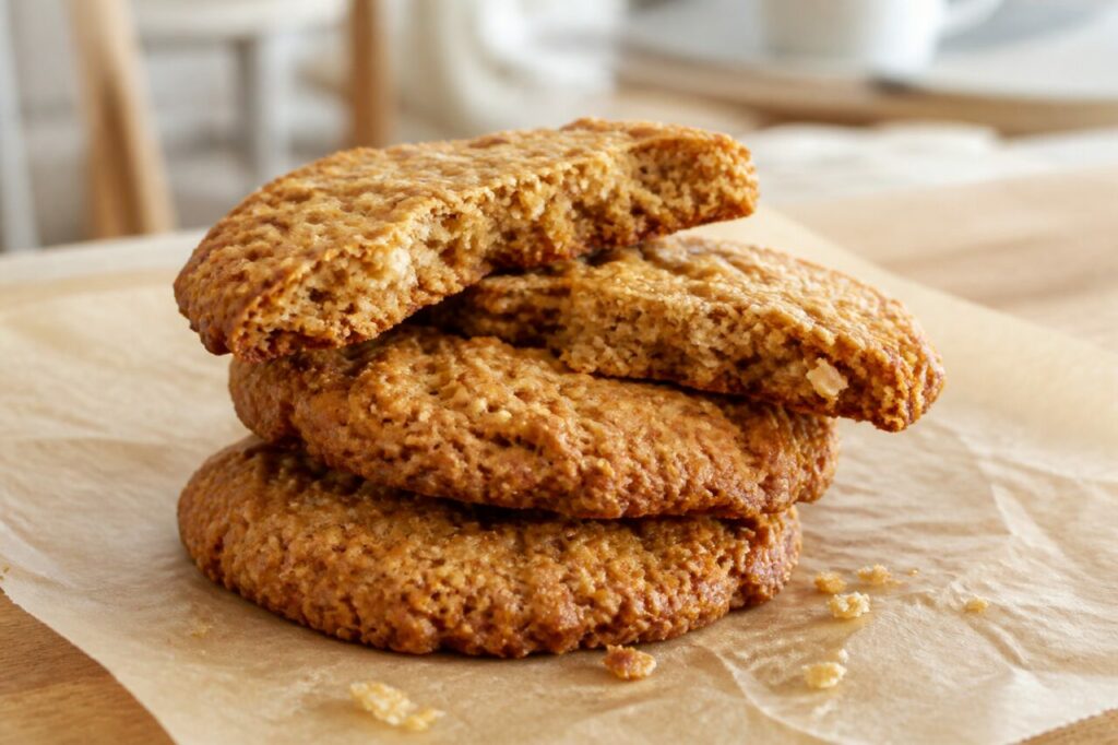 Doce australiano de salão de chá — pilha de anzac biscuits com flocos visíveis e textura rústica quebradiça