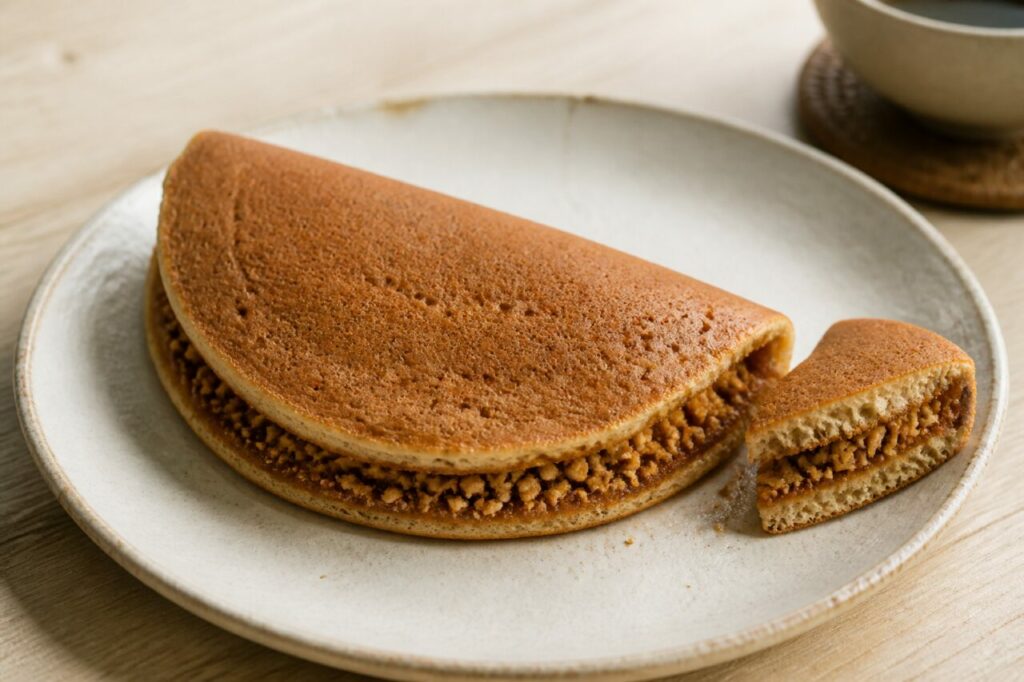 Apam balik malaio dobrado em meia-lua com amendoim triturado num prato de cerâmica