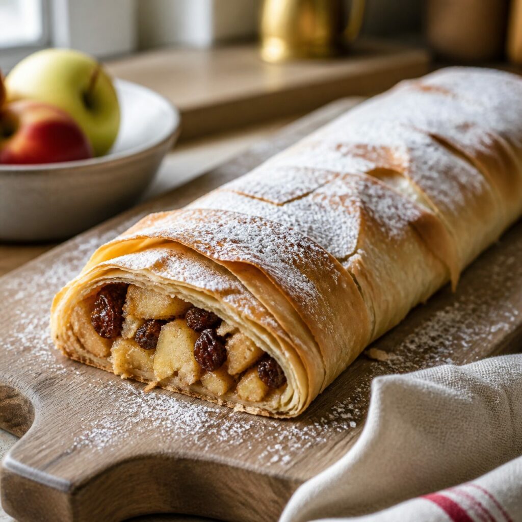 Pommes et raisins visibles dans la coupe du strudel