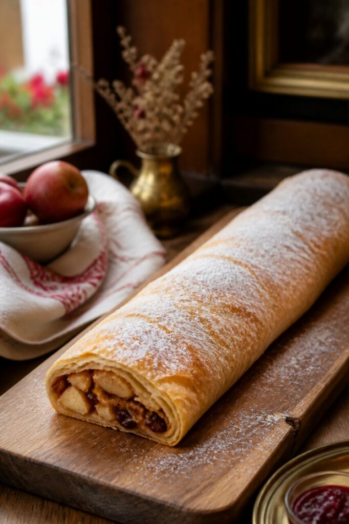 Nozes e maçãs em redor do Apfelstrudel já cortado