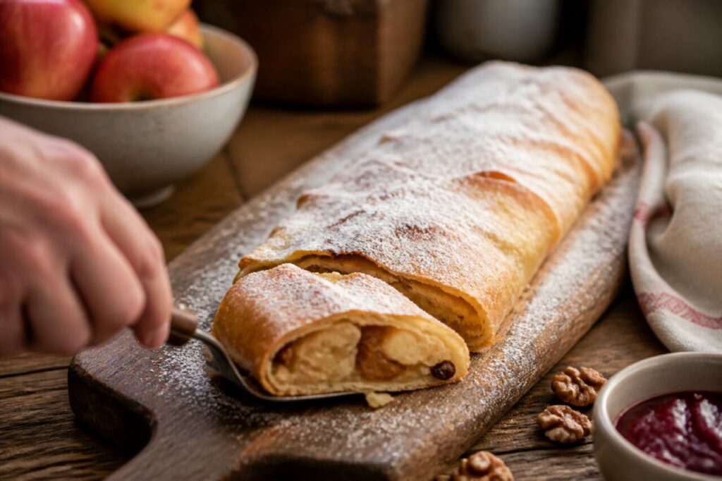 Tranche soulevée d'Apfelstrudel prête à servir