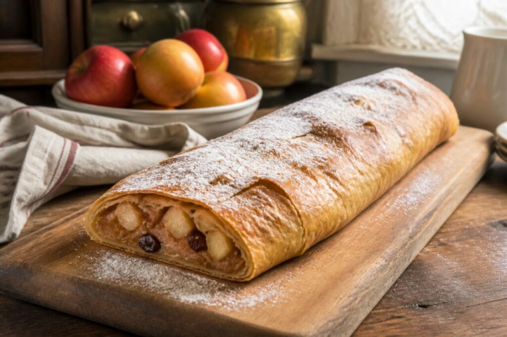 Apfelstrudel pommes-raisins avec son extrémité coupée