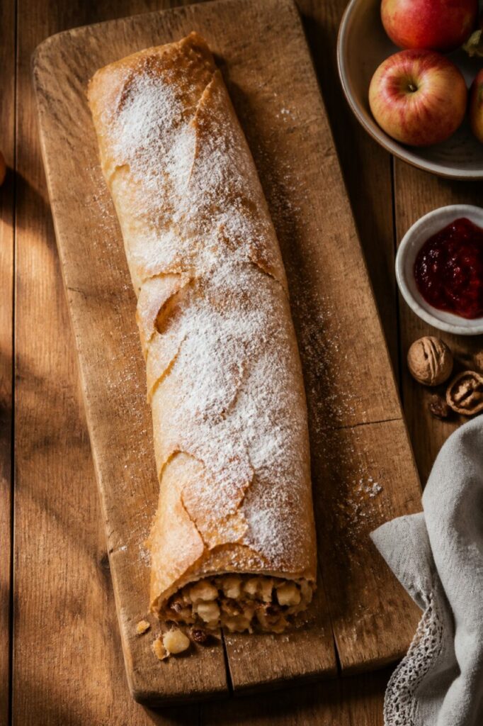 Long rouleau de strudel entouré de pommes et de noix