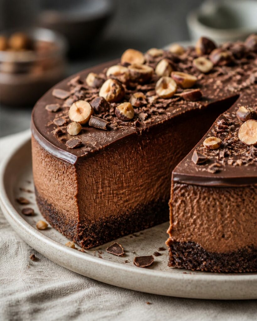 Appareil chocolaté dense et base biscuitée du cheesecake aux noisettes