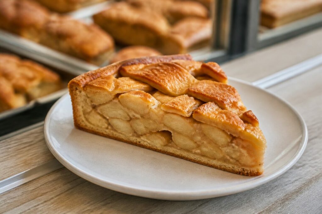 Appelgebak néerlandais aux pommes en part sur comptoir de pâtisserie