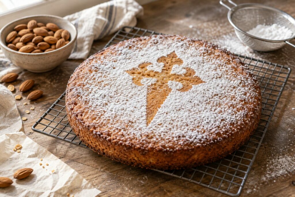 Saída do forno, tarta de Santiago na grelha com açúcar e peneiro