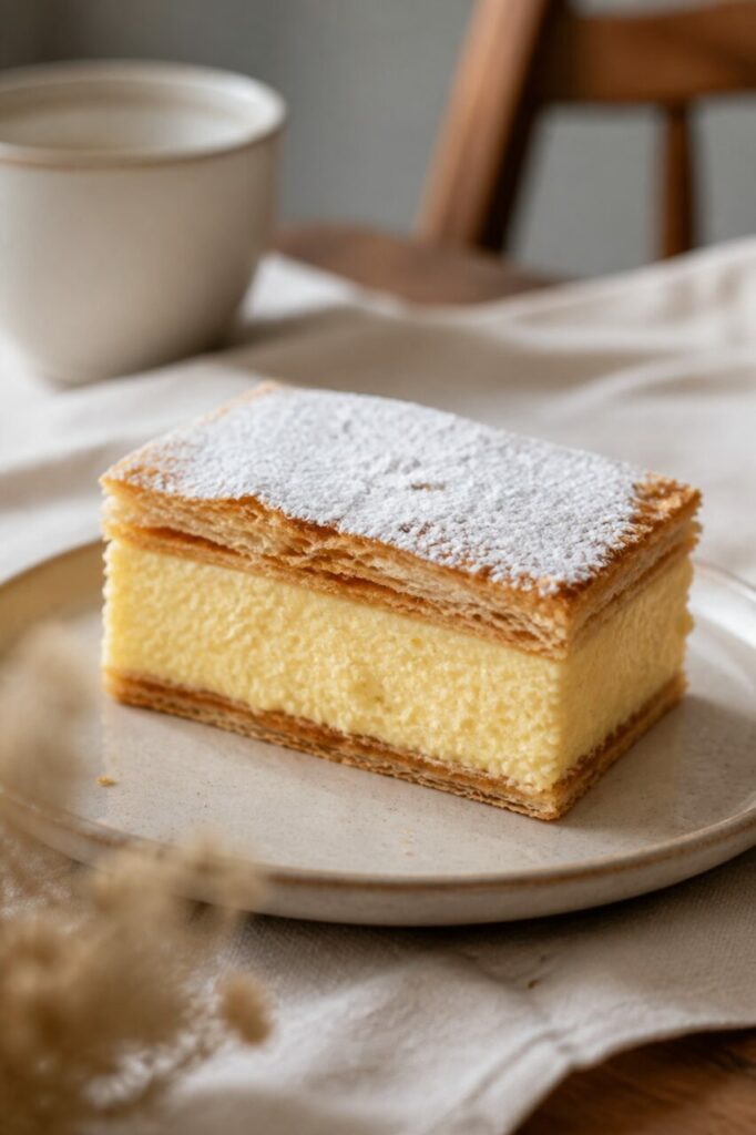 The sugar-dusted kremówka has crisp rectangular edges