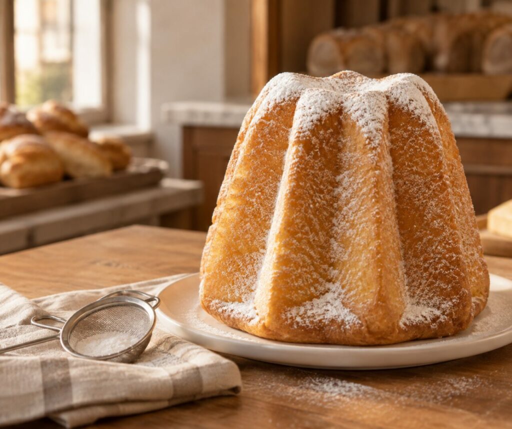 Assiette blanche avec pandoro italien au sucre glace et tamis