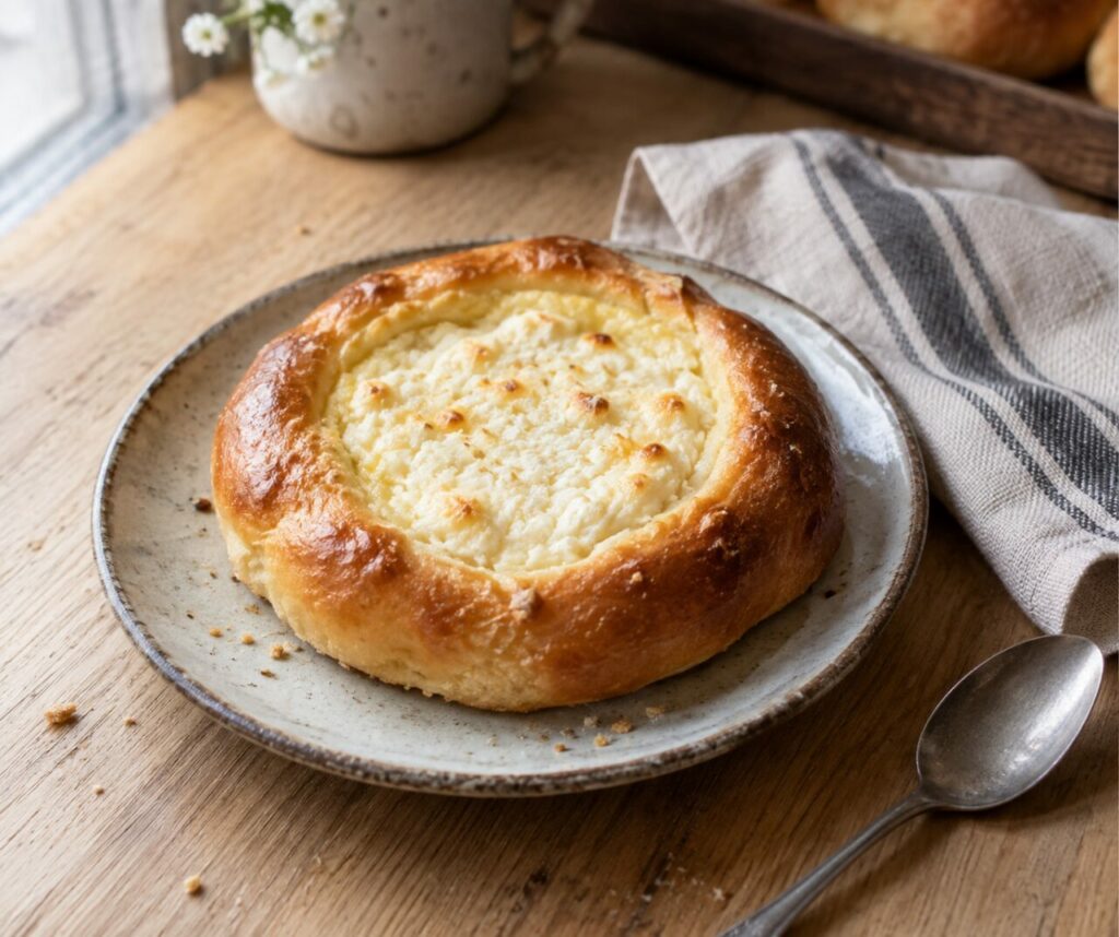 Piatto bianco con vatrushka russa al formaggio fresco, lino e cucchiaino