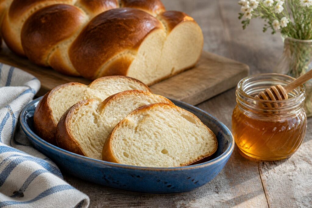 Assiette bleue et pot de miel près de la challah tranchée