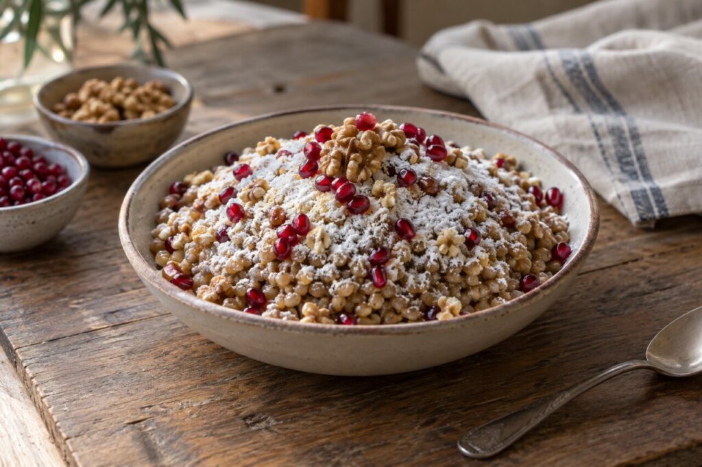Assiette claire — koliva grec aux grains de blé sur une assiette avec quelques grains, grenades et noix près d’un verre d’eau