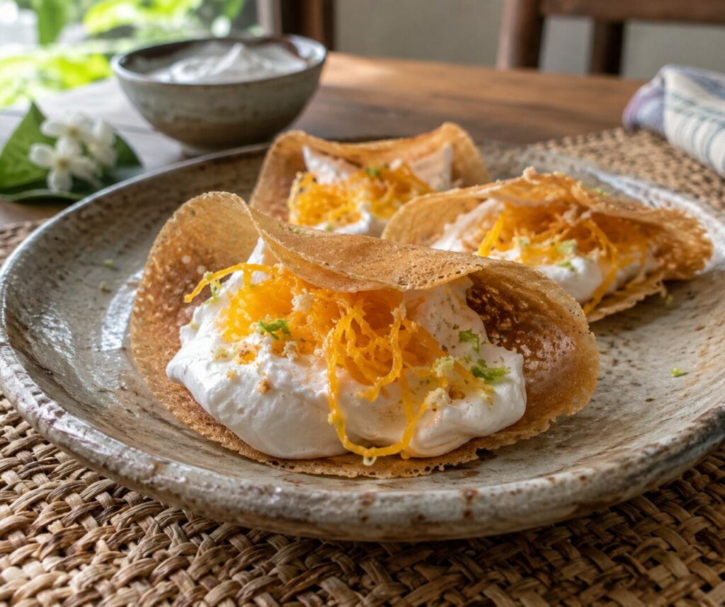 Crisp khanom buang on a plate with coconut meringue