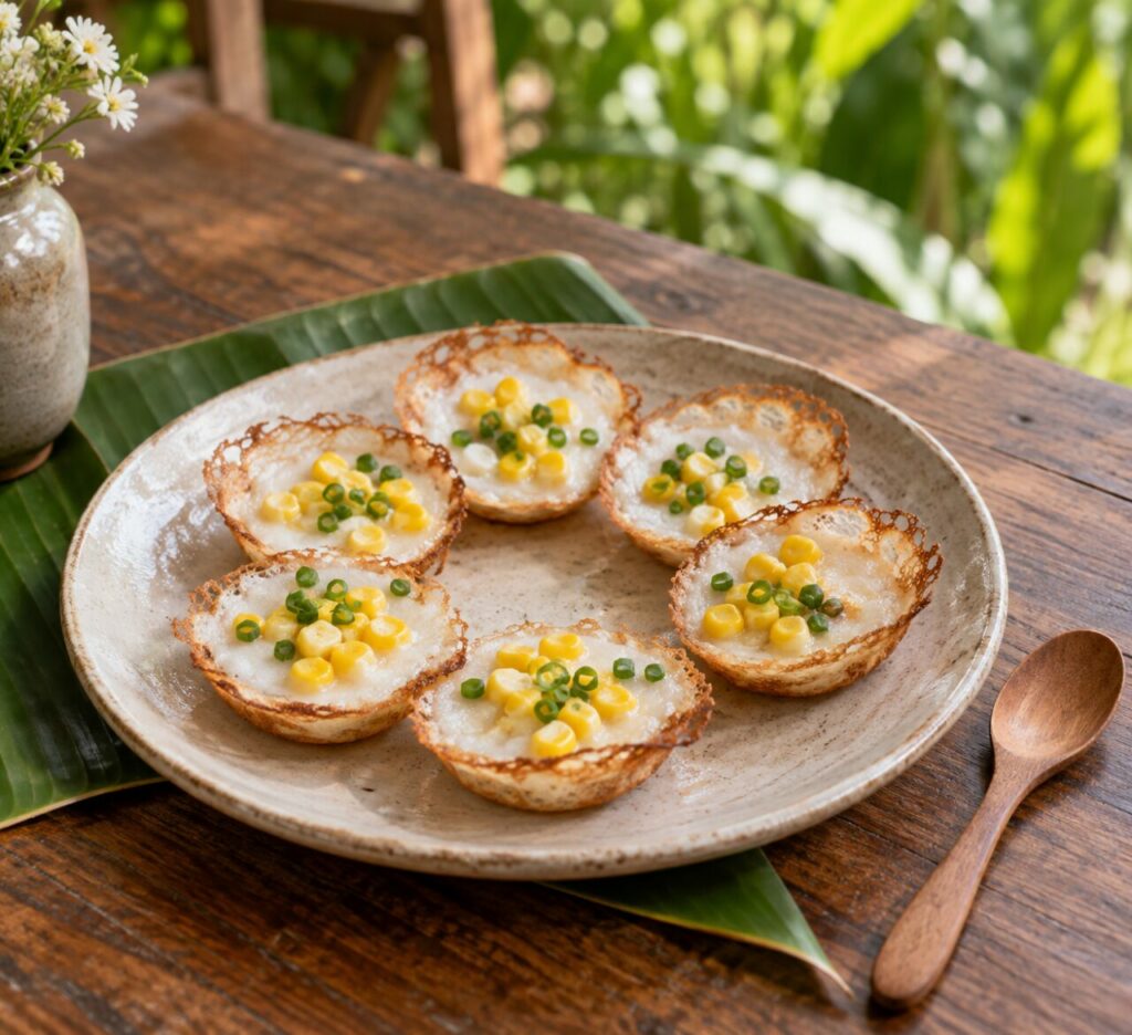 Thai khanom khrok coconut pancakes topped with sweet corn and fresh scallion