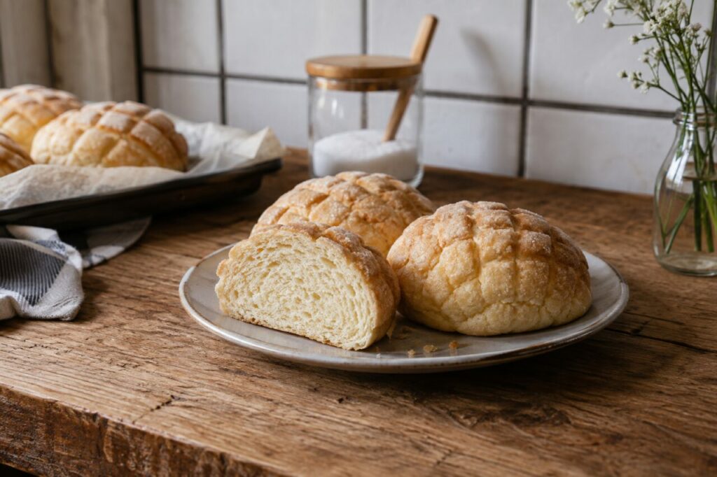 Assiette de melon pan japonais ouvert près du papier cuisson