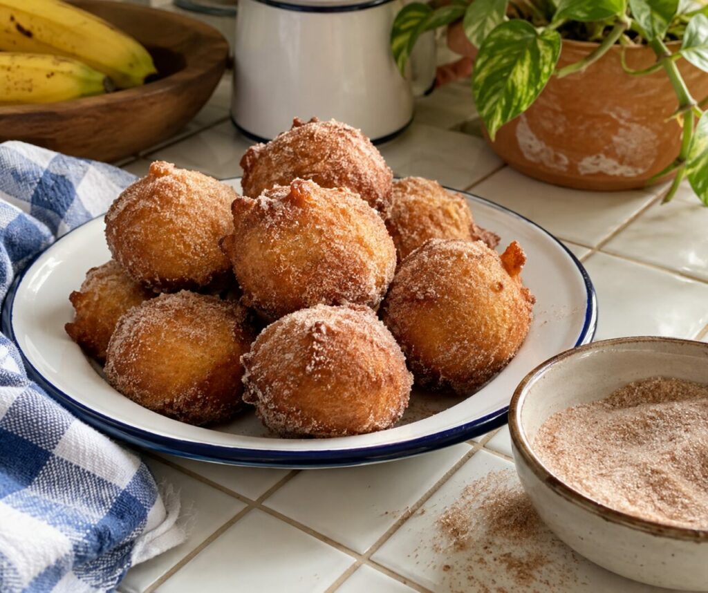 Assiette émaillée de bolinhos de chuva à la cannelle