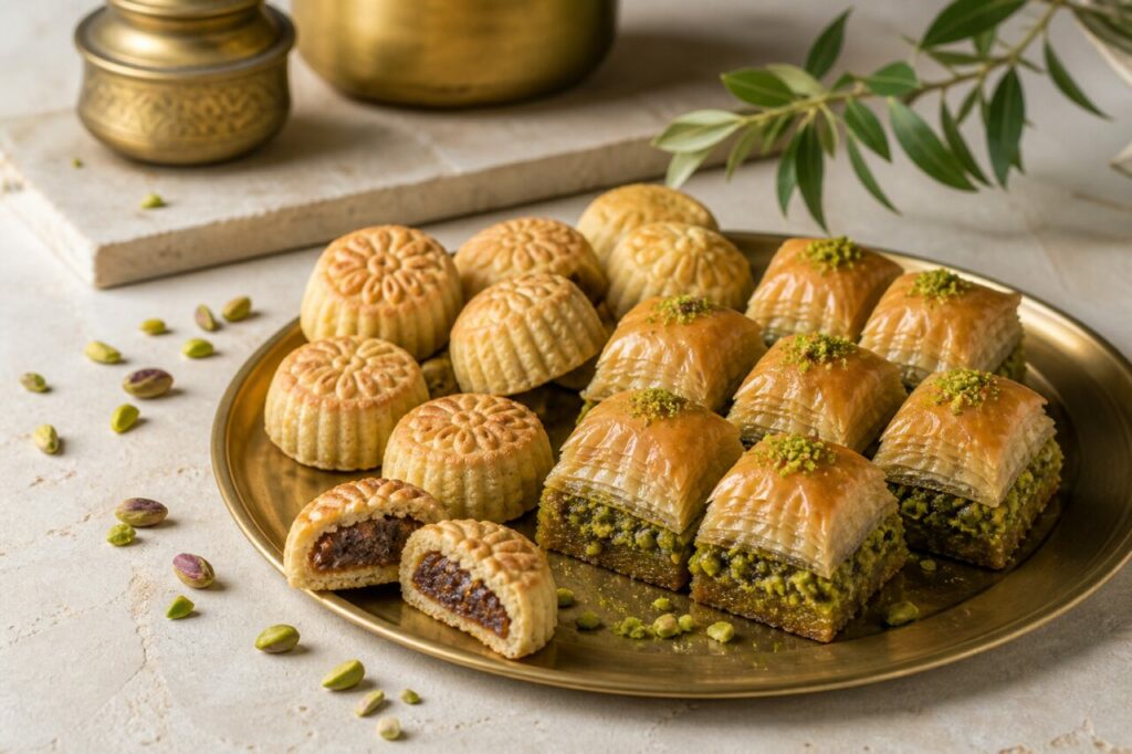 Sortido de baklava levantino de pistácio e maamoul de tâmaras em bandeja de latão