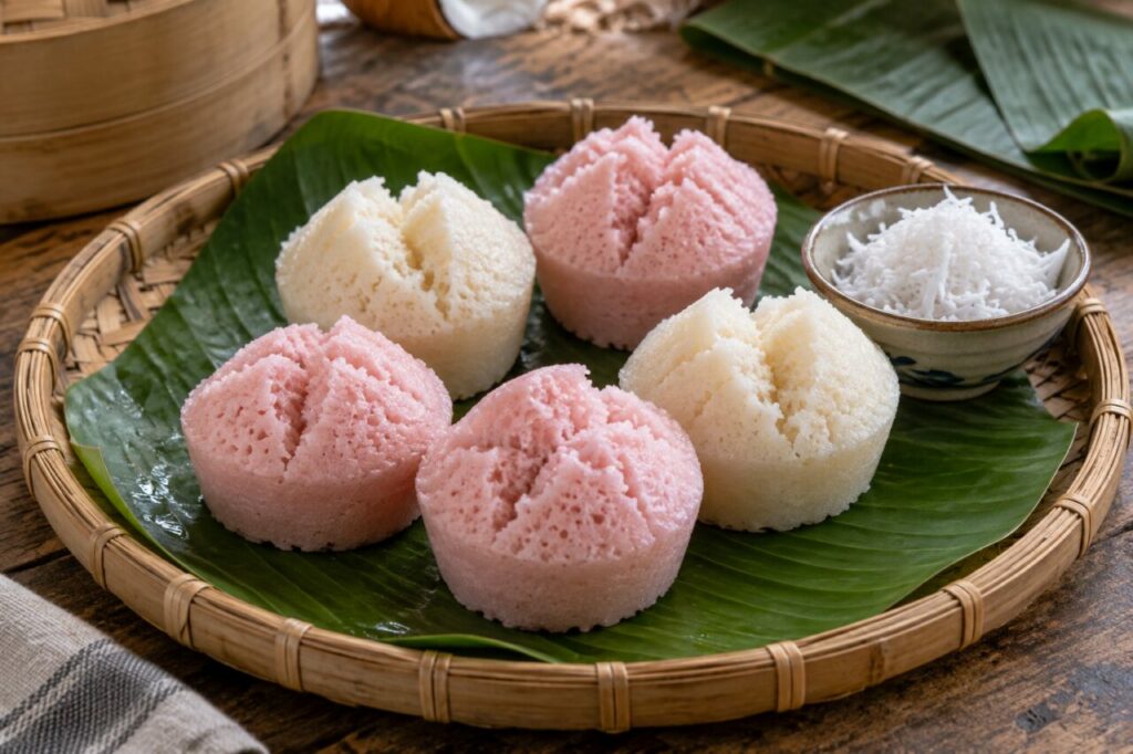 Assorted pink and ivory Vietnamese bánh bò on banana leaves