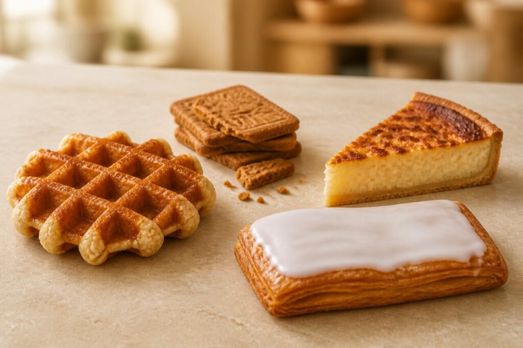 Assortiment belge de gaufre, speculoos, tarte au riz et couque suisse