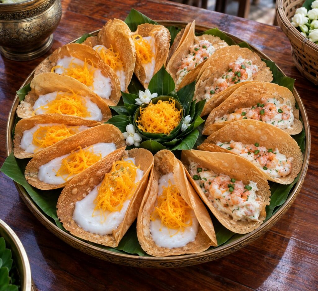 Assorted Thai khanom buang with sweet and savory fillings