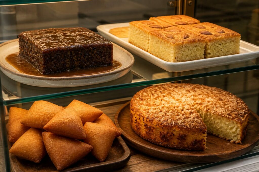 Selección editorial de postres africanos en una vitrina