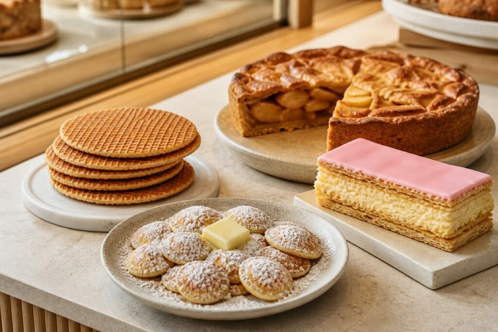 Assortiment de desserts néerlandais au comptoir de pâtisserie