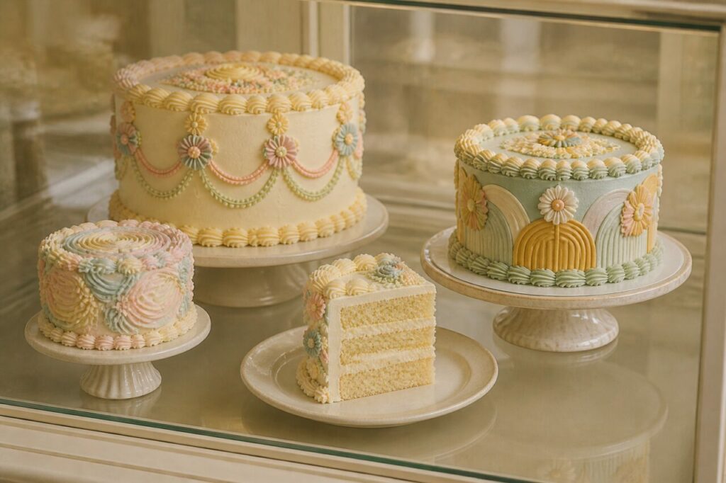Assortiment de gâteaux Lambeth vintage en vitrine