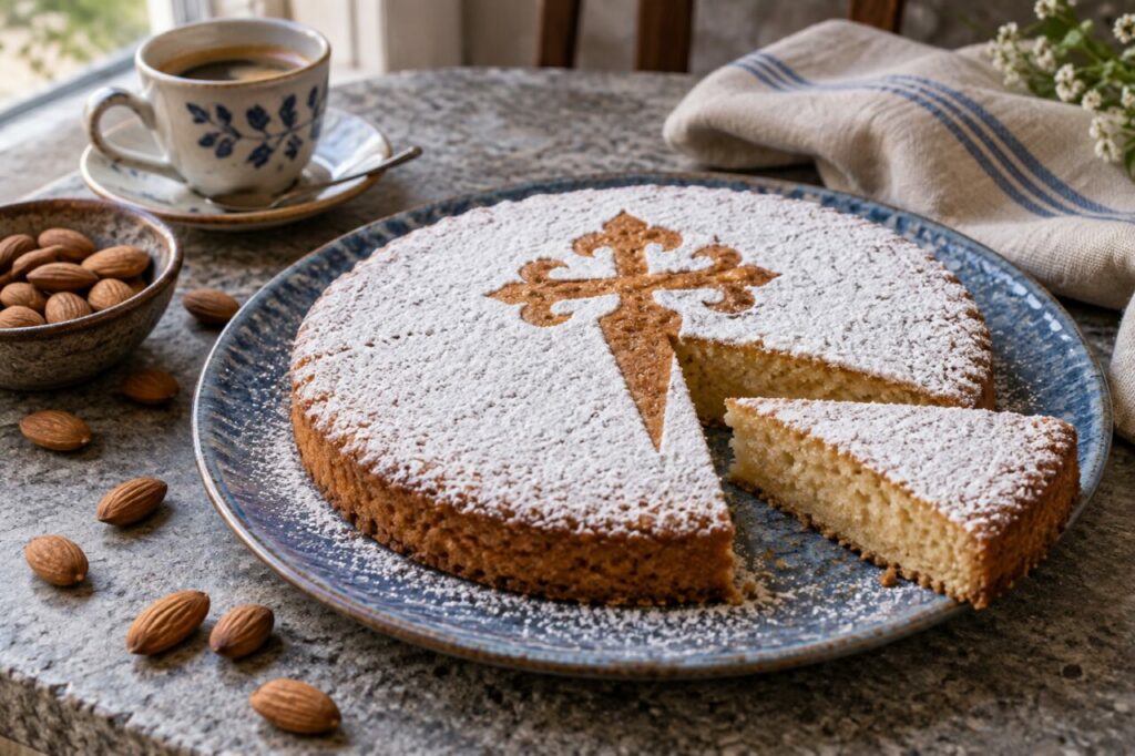 Com café, tarta de Santiago galega num prato azul