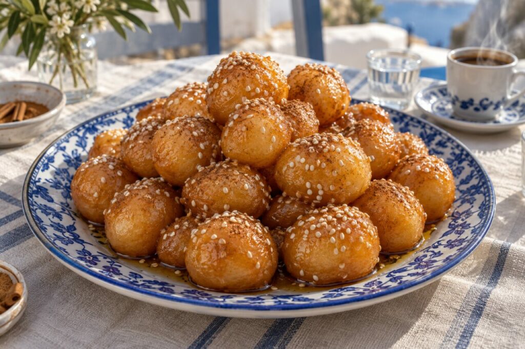 Au petit-déjeuner, loukoumades grecs au miel sur plat bleu avec café