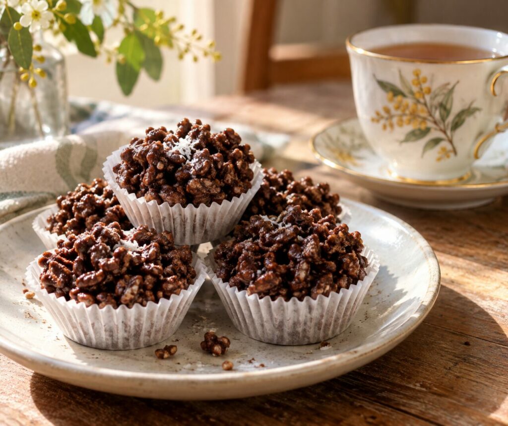 Australiani chocolate crackles su piatto con tazza fiorita