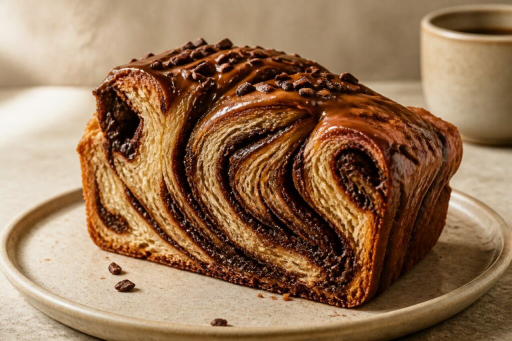 Rubans chocolatés et glaçage sur la mie de la babka