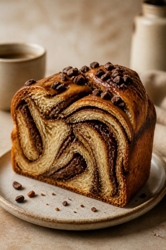 Haute torsade de babka révélant ses marbrures chocolatées