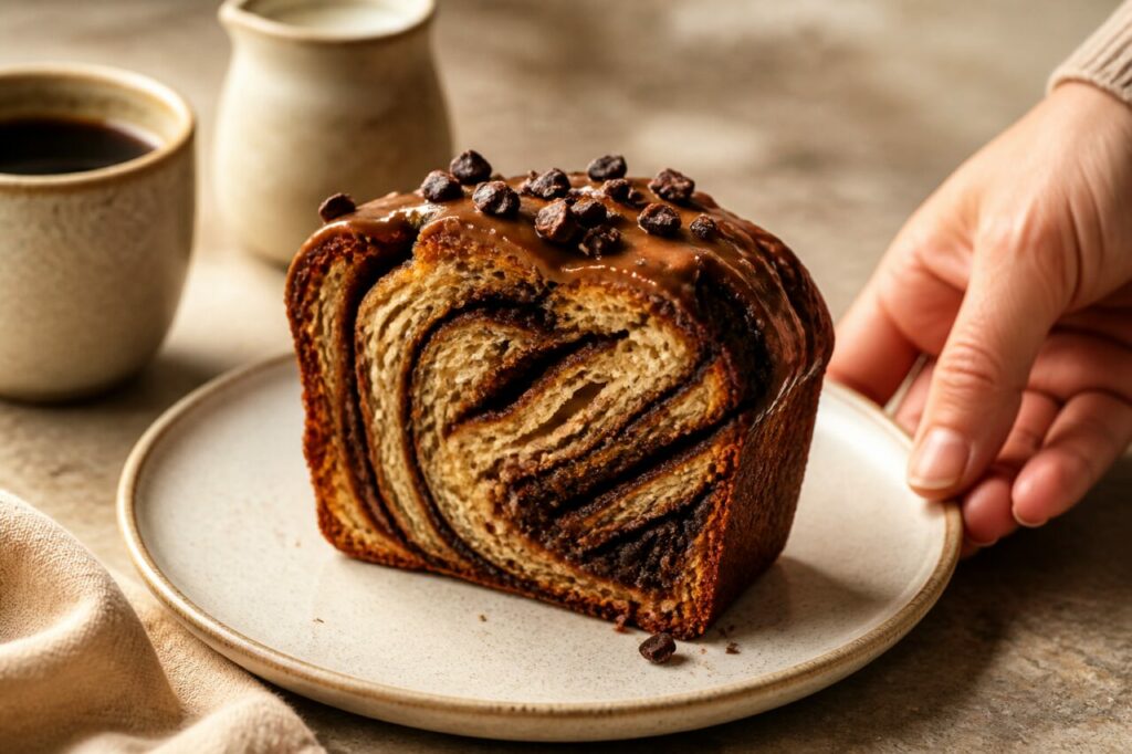 Une main près de l'assiette de babka au café