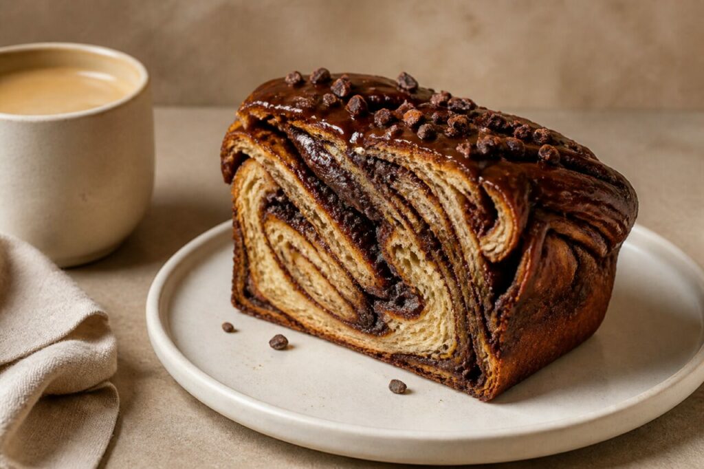 Babka chocolat-café entamée à côté de la tasse